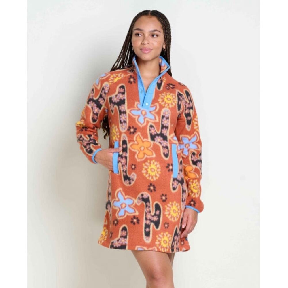 Toad&Co Campo Fleece 1/4 Snap Dress XS Cinnamon Folk Art Print Rust Outdoorsy